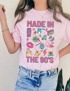 This Made In The 90's Comfort Color Shirt is the perfect addition to any retro lover's wardrobe. Featuring a funny and nostalgic message, this shirt will transport you back to the good old days of the 1990s. It's the perfect shirt for a 1990s party or just to show off your love for that era. The vintage style and comfortable fit make it a must-have for anyone who was raised on 90's culture. Don't miss out on the chance to take a trip down memory lane with this Raised on 90's tee. Comfort Colors introduces its garment-dyed t-shirt; a fully customizable tee made 100% with ring-spun cotton. The soft-washed, garment-dyed fabric brings extra coziness to your wardrobe while the relaxed fit makes it an excellent daily choice. The double-needle stitching throughout the tee makes it highly durable Retro Short Sleeve Top For Birthday, 90s Inspired Graphic Print Birthday T-shirt, 90s Inspired Graphic Print T-shirt For Birthday, 90s Inspired Graphic Print T-shirt For Birthdays, 90s Inspired Crew Neck T-shirt For Birthday, Vintage T-shirt With Funny Print For Birthday, 90s Inspired Summer Birthday T-shirt, Retro Letter Print Tops For Birthday, Pop Culture Crew Neck Top For Birthday