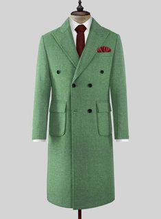 Transform the style into a timeless stream of elegance by pairing our Highlander Heavy Paris Green Tweed Overcoat. Primarily cut from a pure wool fabric that exudes a deep, lush, incredibly soft feel with a solid finish over green hues. Likewise, the material provides a notable warmth to pass through wintry weather. Most significantly, aligning a refined fabric with impeccable tailoring reflects a timeless style with a silhouette that hugs the body with carved outlines for utmost comfort in sty Mens Wool Overcoat, Tweed Overcoat, Older Mens Fashion, Paris Green, Classy Suits, Big Men Fashion, Green Tweed, Coat Closet, Long Overcoat