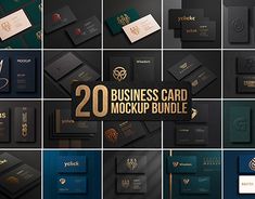 20 business card mockup templates with gold foil and black paper on the bottom