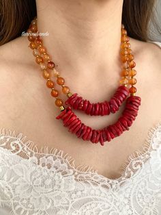 Multistrand red coral and orange agate gold plated necklace✨ All gold looking pieces are gold plated. You can wear this chic necklace every day💞 Beads: Coral stones Agate stones *Please try not to wear your jewelry while exercising, in shower or while sleeping .  *Also , is best to keep away from chemicals, lotions or strong perfumes . Cleaning them with a simple polished cloth is ideal .  FAST FREE SHIPPING! If you have any questions feel free to contact💌 Love from tarcinshands! Red Agate Jewelry, Red Agate Beaded Necklace With Gemstone Beads, Red Multi-strand Necklaces With Natural Stones, Handmade Multi-strand Red Coral Jewelry, Orange Red Coral Gemstone Beaded Necklaces, Orange Red Coral Gemstone Beaded Necklace, Multi-strand Coral Necklace For Gift, Coral Multi-strand Necklace As Gift, Coral Multi-strand Necklace For Gift