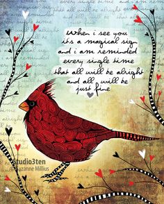 a red bird sitting on top of a tree next to a heart shaped branch with words written