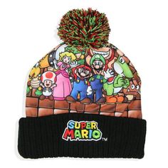 OFFICIALLY LICENSED Super Mario Beanie! Super Mario Brothers the video game series is one of the most recognized and beloved in the world! Each of these Super Mario beanies features a detailed embroidered logo on the front of the cuff and the crown has a highly detailed pattern of multiple characters like Donkey Kong, Bowser, Princess Peach, Luigi, Yoshi, Toad, Koopa Troops, and Goomba. The cuff and inner fabric are 100% acrylic and the outer sublimated crown is 100% polyester. Size: One Size. Super Mario Characters, Nintendo Characters, Super Mario Brothers, Cozy Hat, Mario Brothers, Character Poses, Donkey Kong, Cartoon Icons, Pom Beanie