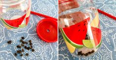 two pictures of watermelon slices and seeds in a jar