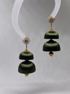 🎄The festive season is finally here!  This listing is for a pair of double jhumka earrings inspired by the beauty and simplicity of a christmas tree.  Each jhumka base has been handwrapped in green silk threads and finished with gold plated rhinestone starburst studs for comfort.   Jhumka base approx. diameters:  XS-17mm S-19mm.   🧵Returns not accepted. Silk Thread Jhumkas, Jhumka Earrings, Green Silk, Silk Thread, Festive Season, Festival Season, Jewelry Earrings Dangle, The Beauty, Dangle Drop Earrings