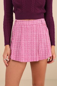 You'll steal hearts instantly when you post a pic in the Lulus Adored Pose Pink Tweed Lurex Pleated High-Rise Skort! Soft tweed, with shiny Lurex threading throughout, shapes this adorable skort with a high-rise, a banded waist with belt loops. The A-line silhouette boasts a pleated skirt overlay atop cute fitted shorts. Hidden side zipper/clasp. Fit: This garment fits true to size. Length: Above mid-thigh. Size medium measures 15" from waist to hem. Inseam: 1.75 Front Rise: 14.00 Waist: Fitted Fitted Shorts, Pink Tweed, A Pic, Workout Shorts, Pleated Skirt, Side Zipper, High Rise, Size Medium, Pink