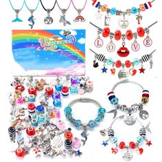 various charms and bracelets are displayed on a white background with a rainbow in the background