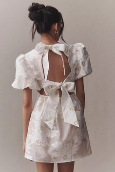 Elliatt Octavia Puff-Sleeve V-Neck A-Line Mini Dress | Anthropologie Dresses With Puffy Sleeves, Shower Dress For Bride, White Bridal Shower Dress, Bridal Shower Dresses, Chinese Fancy Dress, Kid Dress, Dress With Puffy Sleeves, Bridal Shower Inspo, White Bridal Shower