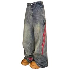 90s Style Wide Red Stripe Jeans - boogzel clothing Red Baggy Jeans With Pockets, Red Grunge Clothes, Baggy Red Cotton Jeans, High Rise Red Denim Pants, Casual Red Wide Leg Jeans, Casual Red High Rise Flare Jeans, Retro Red Wide Leg Jeans, High Waist Red Denim Jeans, Red Wide-leg Denim Jeans