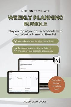 the weekly planning bundle includes two laptops, a tablet and a monitor with text on it