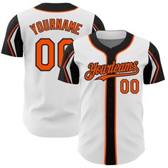 Custom White Orange-Black 3 Colors Arm Shapes Authentic Baseball Jersey White Baseball Jersey With Team Name For Game Day, White College Baseball Jersey With Team Logo, White Baseball Jersey With Team Logo For College, Game Day White Baseball Jersey With Team Name, White Team Spirit Baseball Jersey For Sports Events, College Team Spirit White Baseball Jersey, White Baseball Jersey For Sports Events, White College Baseball Jersey, Black Sublimation Design With Team Logo For Baseball Season