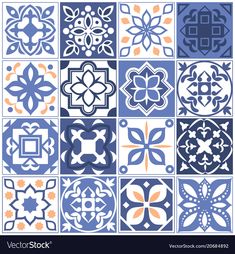 an assortment of decorative tiles in blue and orange