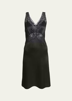 Black Silk Dress, Bergdorf Goodman, Black Silk, Top Designers, Silk Dress, Black Lace, The Knee, Lace Trim, Saint Laurent