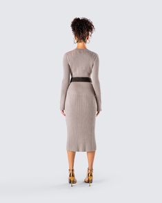 Cozy up in style with this two-piece set 🤍 Featuring a taupe wide rib midi dress, paired with a brown faux suede belt, for a look that gives off a chic and polished vibe 👏 Knee-length Midi Dress With Belt For Fall, Ribbed Beige Midi Dress For Fall, Beige Ribbed Midi Dress For Fall, Fall Belted Midi Dress For Night Out, Fall Midi Dress With Belt For Night Out, Chic Beige Ribbed Midi Dress, Chic Belted Midi Dress For Fall, Spring Brown Ribbed Midi Dress, Chic Brown Knee-length Midi Dress