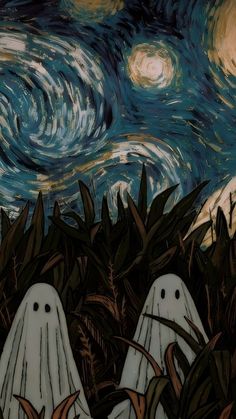 two ghost like figures in front of a starry night sky with trees and bushes