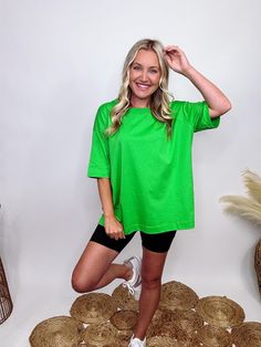 Neon Green Short Sleeve Crew Neck Oversized Tee Introducing your new favorite casual statement piece – the Neon Green Short Sleeve Oversized T-Shirt! This t-shirt isn't just casual wear; it's a bold fashion choice for those who love to stand out with comfort and style. Picture this: a vibrant neon green hue that grabs attention, crafted from 100% cotton for a soft and breathable feel. The crew neck and loose, oversized fit offer relaxed comfort and a laid-back vibe that's perfect for any casual Trendy Drop Shoulder Summer T-shirt, Trendy Drop Shoulder T-shirt For Spring, Green Oversized Short Sleeve Tops, Oversized Green Short Sleeve Top, Green Drop Shoulder Summer Tops, Green Oversized Crew Neck Top, Oversized Green Crew Neck Top, Trendy Green Drop Shoulder Tops, Trendy Drop Shoulder T-shirt For Loungewear