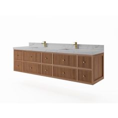 double sink vanity with marble top and brass faucets in walnut finish, on white background