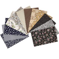 six pieces of fabric with different patterns and colors