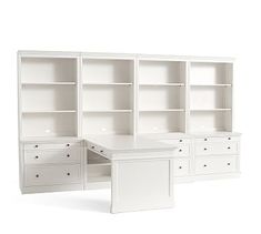 an office desk and bookcases with drawers on each side, all in white