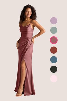 a woman in a long dress with her legs crossed and the color swatches behind her