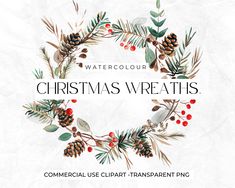 watercolor christmas wreaths with pine cones and berries