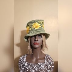 This 100% cotton top hat, was crocheted by me. Its a "floppy" style hat inspired by made for tv English dramas I like to watch. It's soft making it easy to pack for a trip and can be stored in a simple dresser. The yellow lace is what they call "3d lace" since it is layered to create better contrast to the human eye. Makes it "pop" out at you.  This hat is a universal adult size. If you feel you have a particularly small head please message me and I can make one special to your size. Most adults measure size 22 inches approximately. If you'd like to know your size please follow the guide in the last photo to measure your head. Simple Dresser, English Drama, Pack For A Trip, The Human Eye, Small Head, Green Hat, Top Hats, Human Eye, Green Hats