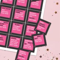 a pink and black poster with words on it