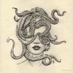 a drawing of a woman with an octopus head on her face and tentacles in her hair