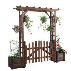 a wooden arbor with potted plants on it