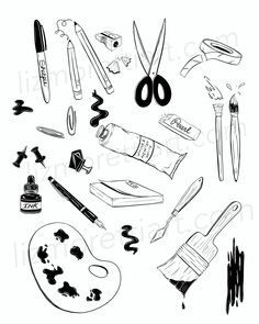 black and white drawing of art supplies