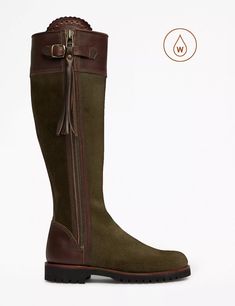 Inclement Tassel Waterproof Boot (Seaweed/Conker)- Penelope Chilvers - Hound & Hare Tassel Boots, Penelope Chilvers, Green Suede, Long Boots, Goodyear Welt, Leather Tassel, Waterproof Boots, Leather Care, Boot Shoes Women