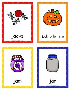 four different cards with pictures of pumpkins, jack - o'lanterns and jars