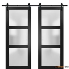 Lucia 2552 Matte Black | Sturdy Double Barn Door with Frosted Glass | Solid Panel Interior Doors Interior Double Doors With Glass Panels, Kitchenette Bedroom, Bypass Doors, Transitional Interior Doors, Paint Door, Basement Kitchenette, Barn Door Closet, European Doors, Soft Opening