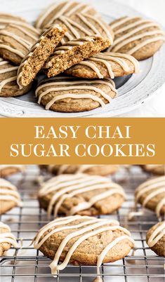 easy chai sugar cookies with white icing on a cooling rack and in the foreground