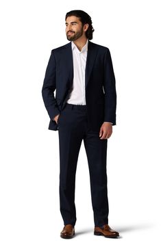 Dress to impress in these polished and practical trousers tailored from wrinkle-resistant performance fabric. 32" inseam; 15.75" leg opening; 10.125" rise (size 32x32) Zip fly with hook-and-bar closure Jetted pockets Lined Polyester/rayon blend with 2% spandex
 Dry clean Imported Tailored Suit, Dads Favorite, Fitted Suit, Designer Crossbody Bags, Tailored Suits, Suit Separates, Ted Baker London, Sweaters And Leggings, Sandals Brands