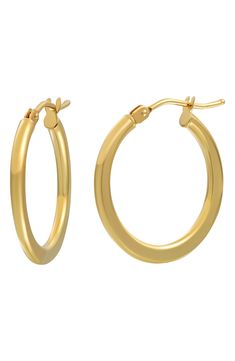 Gleaming 14-karat gold is handcrafted into classically elegant hoop earrings that pair well with any look. 3/4" hoop diameter Snap-post closure 14k gold Made in Italy Classic 14k Stamped Hoop Earrings, Classic 14k Gold Tarnish Resistant Huggie Earrings, Classic Tarnish Resistant 14k Gold Huggie Earrings, Classic Yellow Gold Tarnish Resistant Huggie Earrings, Classic Yellow Gold Tarnish-resistant Huggie Earrings, Yellow Gold Shiny Hoop Earrings Fine Jewelry, Gold Small Hoop Earrings For Everyday Luxury, Yellow Gold Hoop Earrings With Shiny Finish, Timeless Yellow Gold Hoop Earrings With Shiny Finish