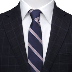 Let your personality shine through with this modern tie featuring a fun twist on an iconic stripe design. The light pink stripe is highlighted by baby blue pinstripes on either side, making the design pop off the navy base. Our tie will maintain its shape and hold a perfect knot thanks to the durable yet soft 100% Silk. The Travis is a versatile tie that can be dressed up with a suit or keep it casual with jeans and a blazer. Navy Base, Bar Studs, Men's Tie, Stud Set, The Navy, Brand Collection, Navy Pink, Pink Stripes, Accessories Branding