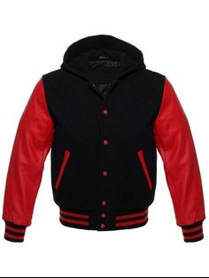 Varsity Letterman College Baseball Bomber Jacket Wool and Real Leather Sleeves Brand : Verse ENT Color : Black / Red Trimming Color :  Red Sizes : All sizes are available For Custom size Please Message us (All Sizes are Available) If your required Size & Color Combination is not listed then please contact with us We will respond you as soon as possible the estimated time is 12 Hours, All Sizes & Color Combinations are Available. The quality of the varsity Hoodie is the finest in the field. 100% Hooded Varsity Jacket For Fall Sports Events, Red Varsity Jacket With Baseball Collar For Sports Events, Casual Fitted Varsity Jacket For Winter, Red Baseball Collar Outerwear For Sports Events, Red Sports Event Outerwear With Baseball Collar, Red Long Sleeve Varsity Jacket For Streetwear, Red Varsity Jacket For Sports Events, Winter College Style Varsity Jacket For Sports, Winter College Style Varsity Jacket