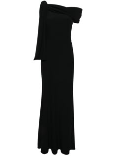 black crepe texture off-shoulder sleeveless knot detailing sash detail floor-length satin lining concealed side zip fastening Off Shoulder Dress Jewelry Ideas, Alexander Mcqueen Gown, One Shoulder Drape Dress, Alexander Mcqueen Dress, Dressy Hats, Off Shoulder Gown, Gown Black, Chanel Perfume, City Dress