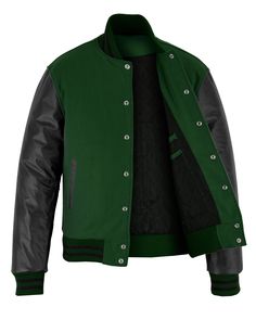 Varsity Letterman Baseball Forest Green Wool and Black Genuine Leather Sleeves Jacket with Black Trim If your required Size & Color Combination is not listed then please contact with us We will respond you as soon as possible the estimated time is 12 Hours, All Sizes & Color Combinations are Available. The quality of the varsity jacket is the finest in the field. 100% high quality Wool. A fine quilt lining with Wool trimmed inside pocket are all part of the complete package. Each varsity jacket Black Leather Jacket With Contrast Collar, Black Leather Jacket With Contrast Collar For Fall, Classic Black Varsity Jacket With Padded Collar, Winter Black Outerwear With Contrast Collar, Black Leather Jacket With Contrast Collar For Winter, Black Outerwear With Contrast Trim For Streetwear, Black Streetwear Outerwear With Contrast Trim, Fitted Black Leather Varsity Jacket, Fitted Black Varsity Jacket With Padded Collar