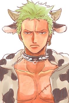 an anime character with green hair and horns on his head is staring at the camera