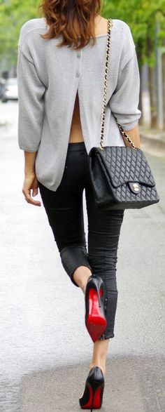 OPEN BACK | STYLE | FASHION | M E G H A N ♠ M A C K E N Z I E Outfits With Louboutin Heels, Louboutin Outfit, Pants And Heels, Mode Shoes, The Cardigans, Louboutin Heels, Bohol, Women Street, Styling Ideas