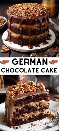 german chocolate cake with pecans on top and the bottom layer is covered in frosting