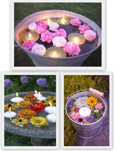 four different pictures with candles in them and flowers floating on the water, including roses