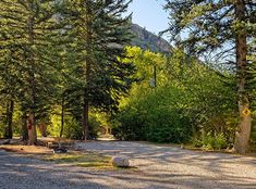 there is a picnic table in the middle of some trees and gravel area with no one around it