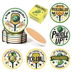 the pickleball logo and stickers are on display in front of each other