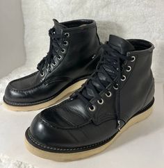 Red Wing Shoes-70's Vintage, 8179, Black, Leather, Made In USA, Classic/Heritage Moc Toe, Irish Setter, Outdoor/Work Boots. Size-8D Condition-Exceptional for age. Left top boot has tear in the seam/Right top boot has a tiny tear in the seam (shown in last few pictures). Any questions please ask:) Red Wings Boots, Irish Setter Boots, Leather Work Boots, Wing Shoes, Red Wing Shoes, Work Boots Men, Irish Setter, Great Falls, Red Wing