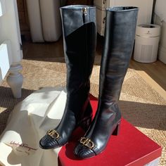 New Ferragamo Leather Boots. Size 7c Gold Ferragamo Buckle And Heal And Toe Embroidery. Classic! Elegant! Original Box And Duster Included. Brown Block Heels, Granny Boots, Black Leather Riding Boots, Heeled Rain Boots, Side Zip Boots, New Boots, Slouchy Boots, Tall Leather Boots, Salvatore Ferragamo Shoes