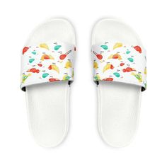 Colorful Birds Youth Slide Sandals: Splash Into Summer!Dive into summer with our Colorful Birds Youth PU Slide Sandals! These trendy slide sandals are perfect for kids who love to play and explore during the sunny summer months. Designed for durability and a pop of color, these sandals are a must-have for any young fashionista.Featuring tough PU outsoles and soft neoprene and polyester straps, these sandals are built to last through all your child's adventures. The edge-to-edge strap ensures a s Birds Print, Kids Slide, Colorful Birds, Sandals Brands, How To Show Love, Summer Heat, Summer Months, Bird Prints, Bold Fashion