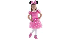 They'll be just as stylish as the iconic mouse herself in this two-piece costume set. The satin and mesh dress features a Peter Pan collar puff sleeves and lots of polka dots. Top it off with the headband to give them those iconic ears and giant pink bow. Kids' pink Minnie Mouse costume product details: dress peter pan collar mesh yoke and puff sleeves satin bodice with a sweetheart neckline layered polka dot tutu polyester exclusive of decorations minnie ear headband attached satin polka dot bow stuffed velour ears does not include shoes or tights. Review the size chart for sizing information. Officially licensed disney costume. Care instructions: hand wash cold with like colors line dry do not bleach or iron. | Kids Minnie Mouse Costume 2-3T Pink | Party City Pink Minnie Mouse Costume, Dress Peter Pan Collar, Disney Costume, Minnie Mouse Costume, Costume Disney, Minnie Ears Headband, Mouse Costume, Pink Minnie, Costume Set