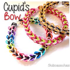 two colorful bracelets with the words cupid's bow written on them in black and white